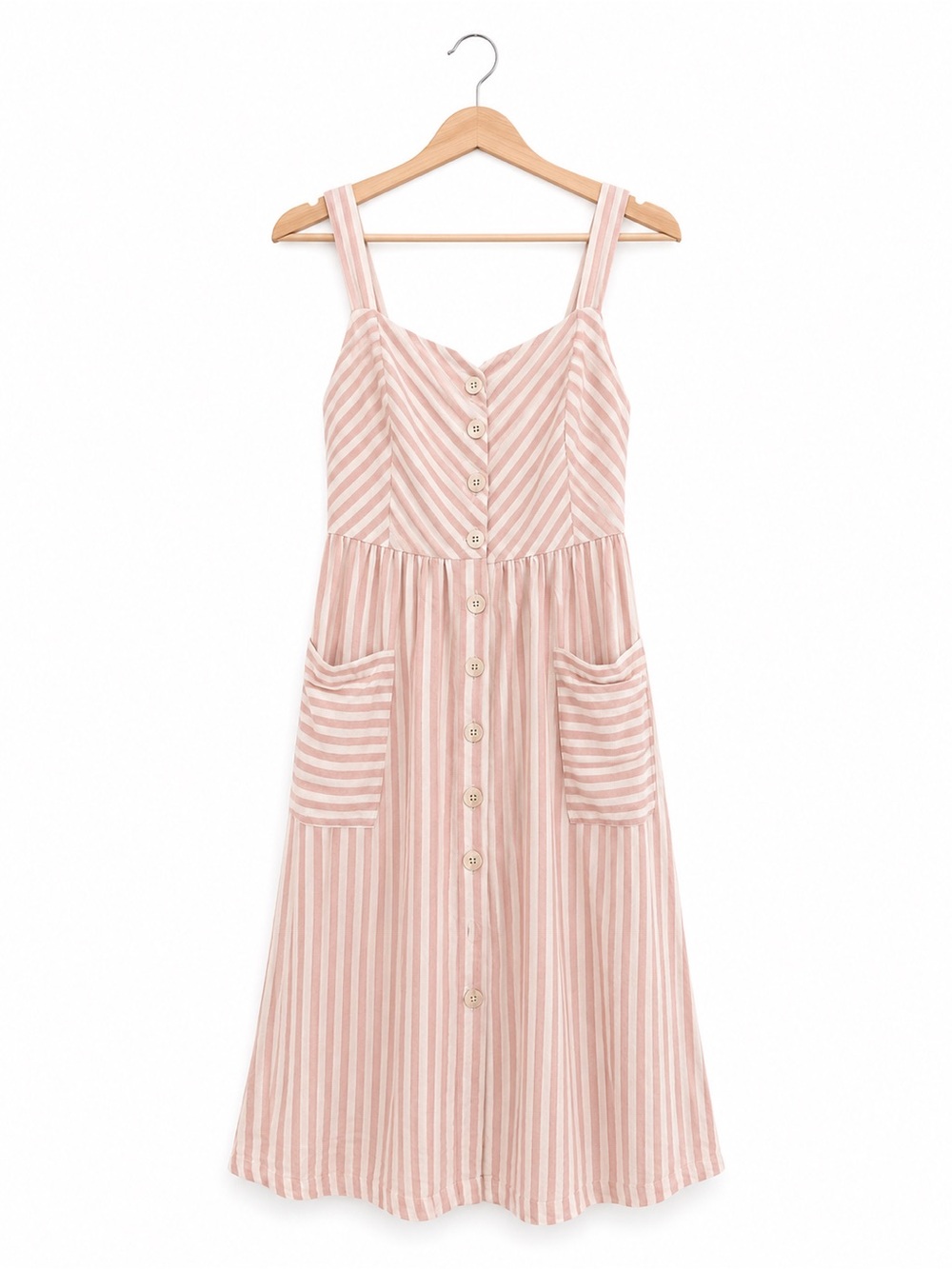 MNG Pink White Stripe Button Front Midi Sundress With Pockets size 8